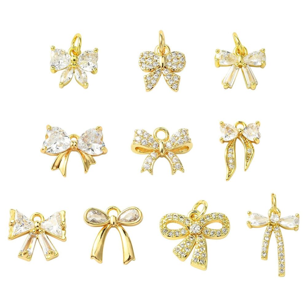 5394 10 pcs 10 Styles Brass Bow Charms Micro Pave Clear Cubic Zirconia